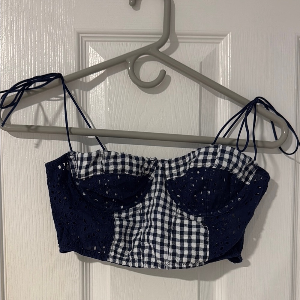 Navy and White Gingham Women's Top